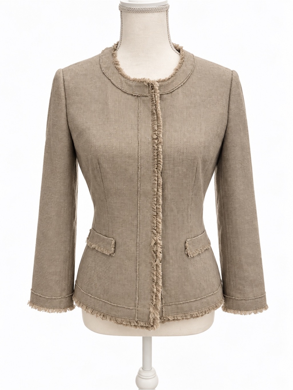 Ann Taylor Size 10 Taupe Textured Fringe Trim Jacket Blazer